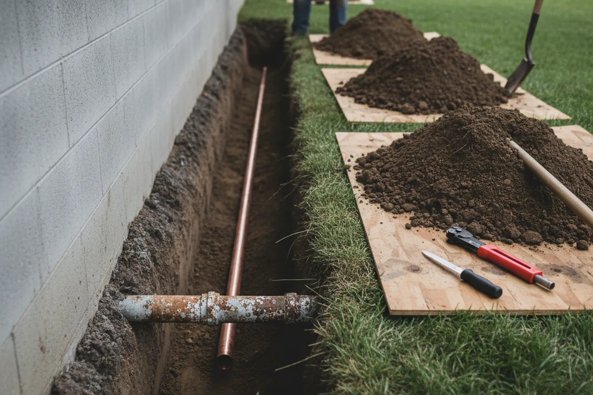 Excavated water line trench during Sewer Line Repair in Winton